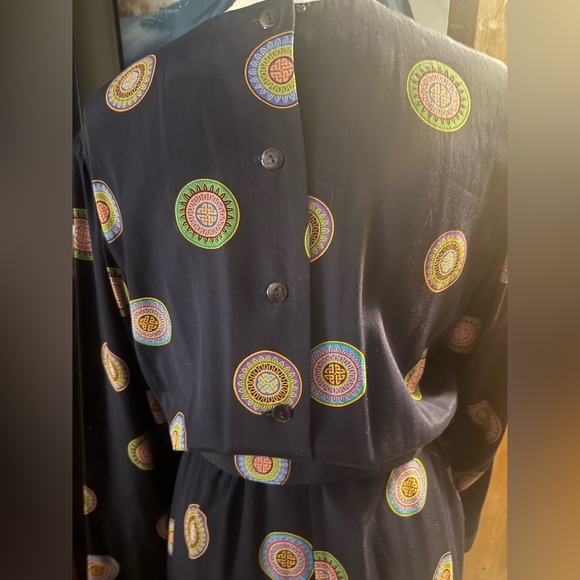 Real Vintage! Darling Navy Mandala Patterned Ruffle Belted Dress EUC!! - Picture 5 of 12
